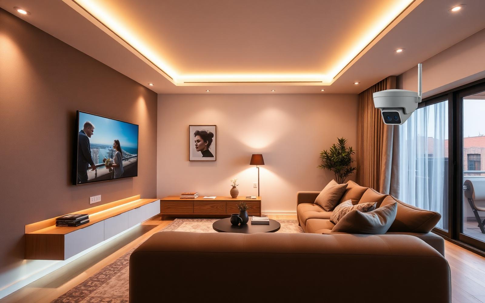 Smart home living room with security camera